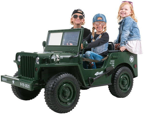 Jeep Willys Kinder-Elektroauto 3 Sitze Allrad 4x4 Schaufel Ersatzrad LEDs