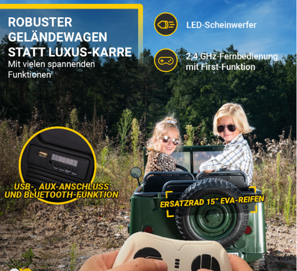Jeep Willys Kinder-Elektroauto 3 Sitze Allrad 4x4 Schaufel Ersatzrad LEDs