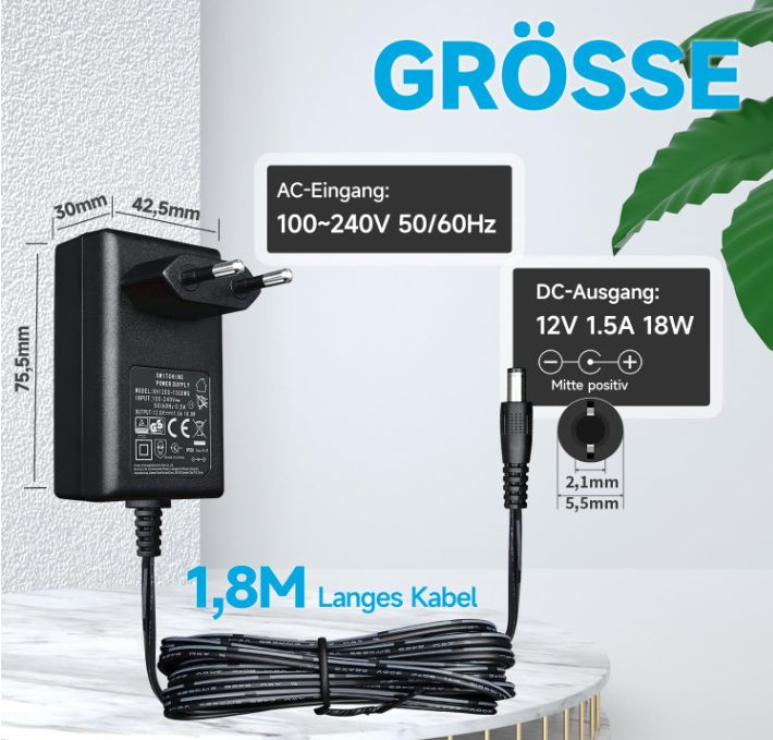 Ladegerät 12 V 1,5 A/1500 mA / Runder Stecker