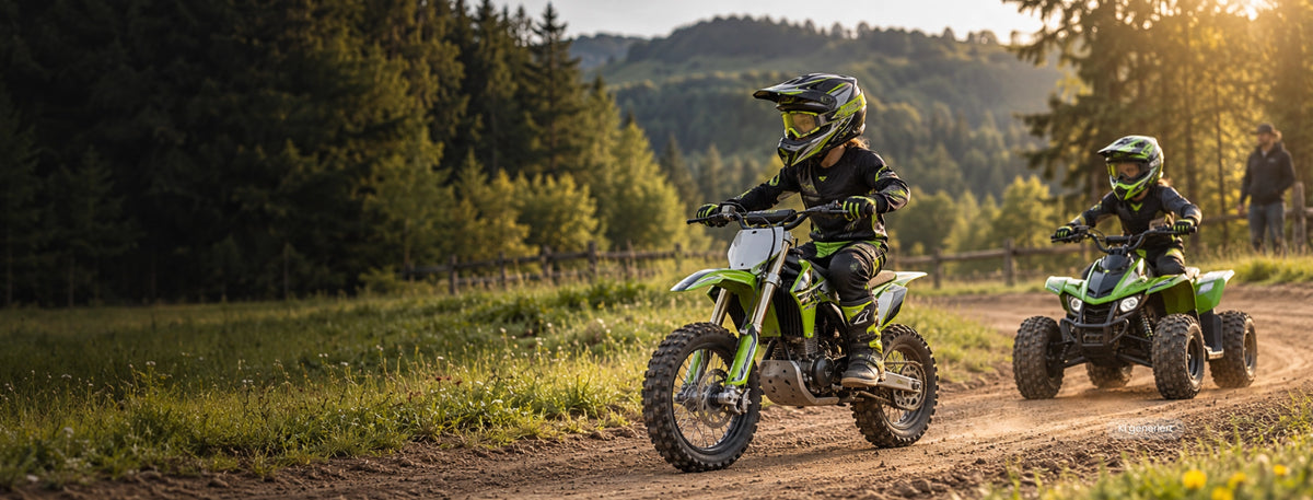 Zwei Kinder in Motocross-Schutzausrüstung fahren auf einem grünen Kindermotorrad und einem Quad über einen Feldweg am Waldrand im Abendlicht.