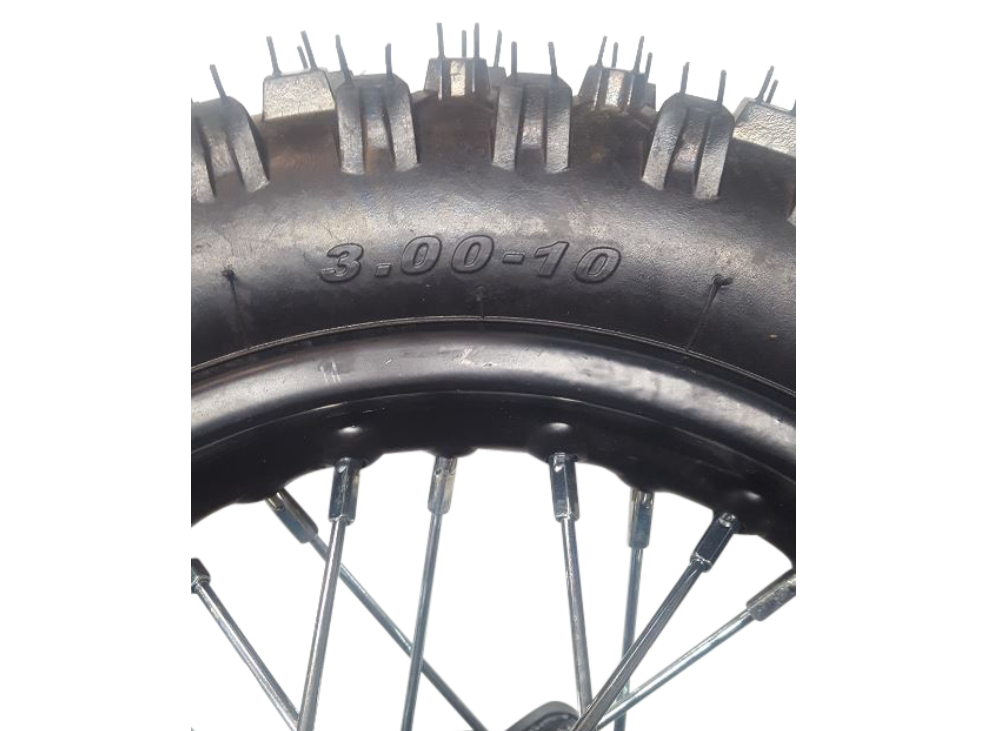 Komplettrad hinten 3.00-10 für Dirtbike schwarz mit silbernen Speichen