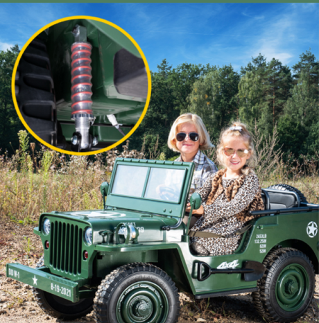 Jeep Willys Kinder-Elektroauto 3 Sitze Allrad 4x4 Schaufel Ersatzrad LEDs