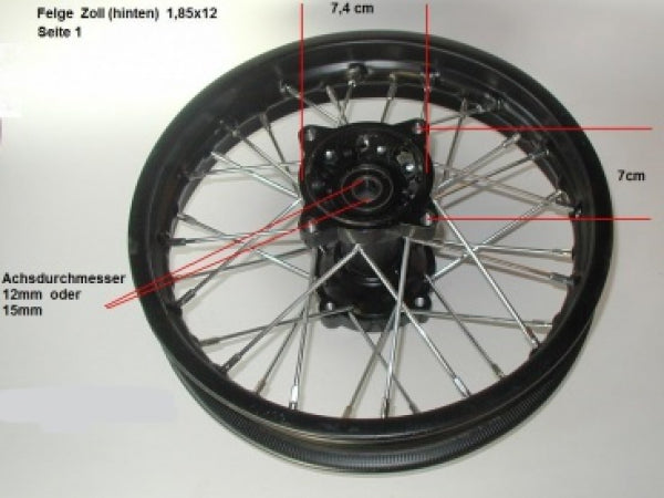 Felge 12 Zoll für Motocross Dirtbike 15 mm Achse
